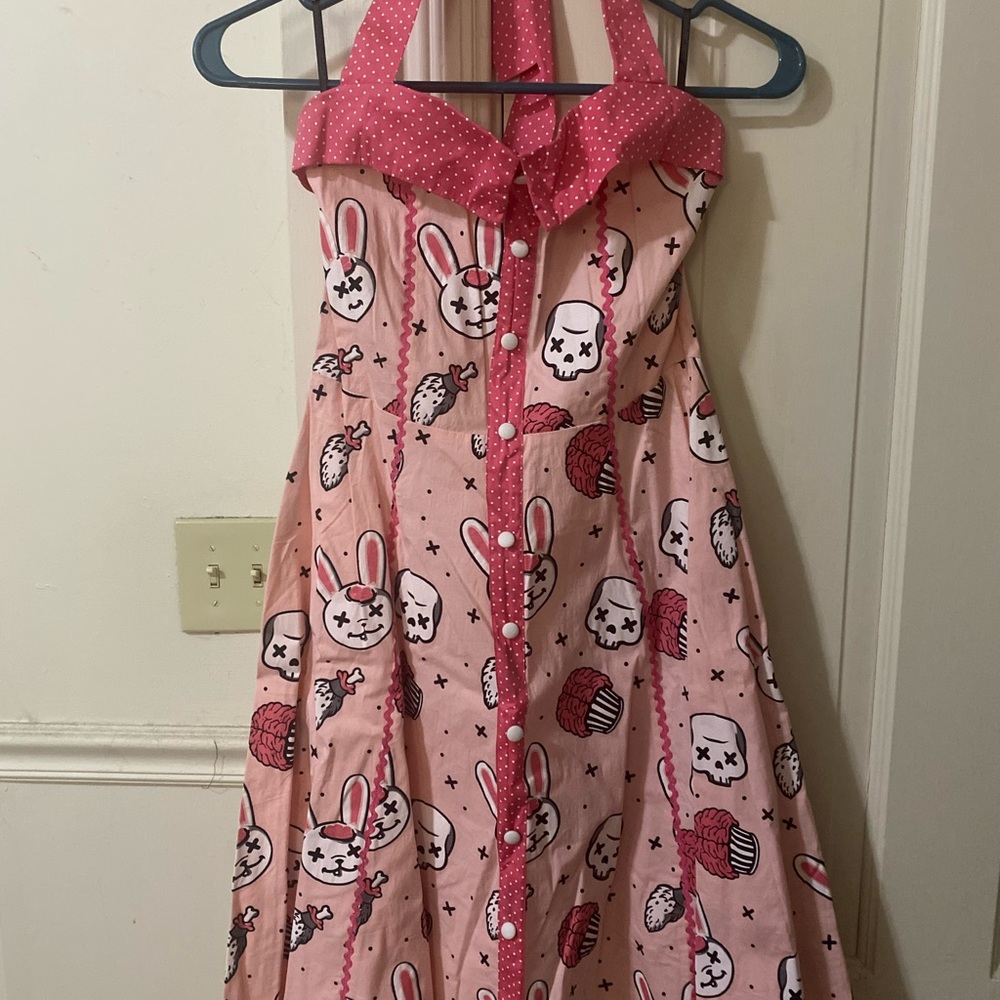 Sourpuss Pink Tie Halter Dress with Bunny and Skull Motif